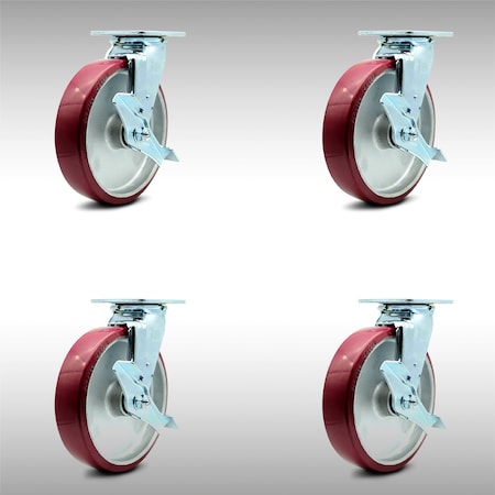 Service Caster 8 Inch SS Poly on Aluminum Swivel Caster Set with Roller Bearings and Brakes SCC SCC-SS30S820-PAR-TLB-4